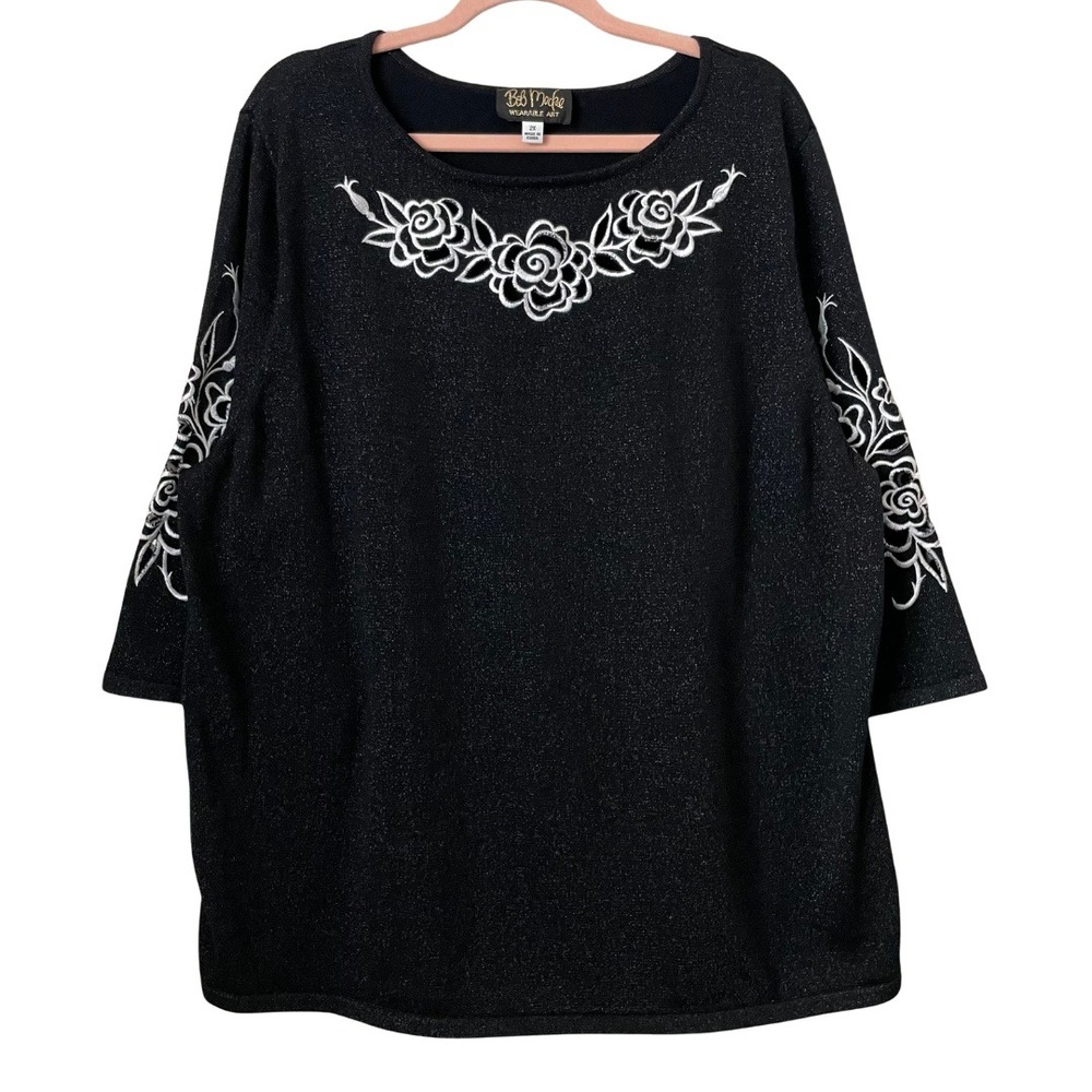 Bob Mackie Top Womens 2X Black Wearable Art Sparkle Knit Floral Embroidered Boho